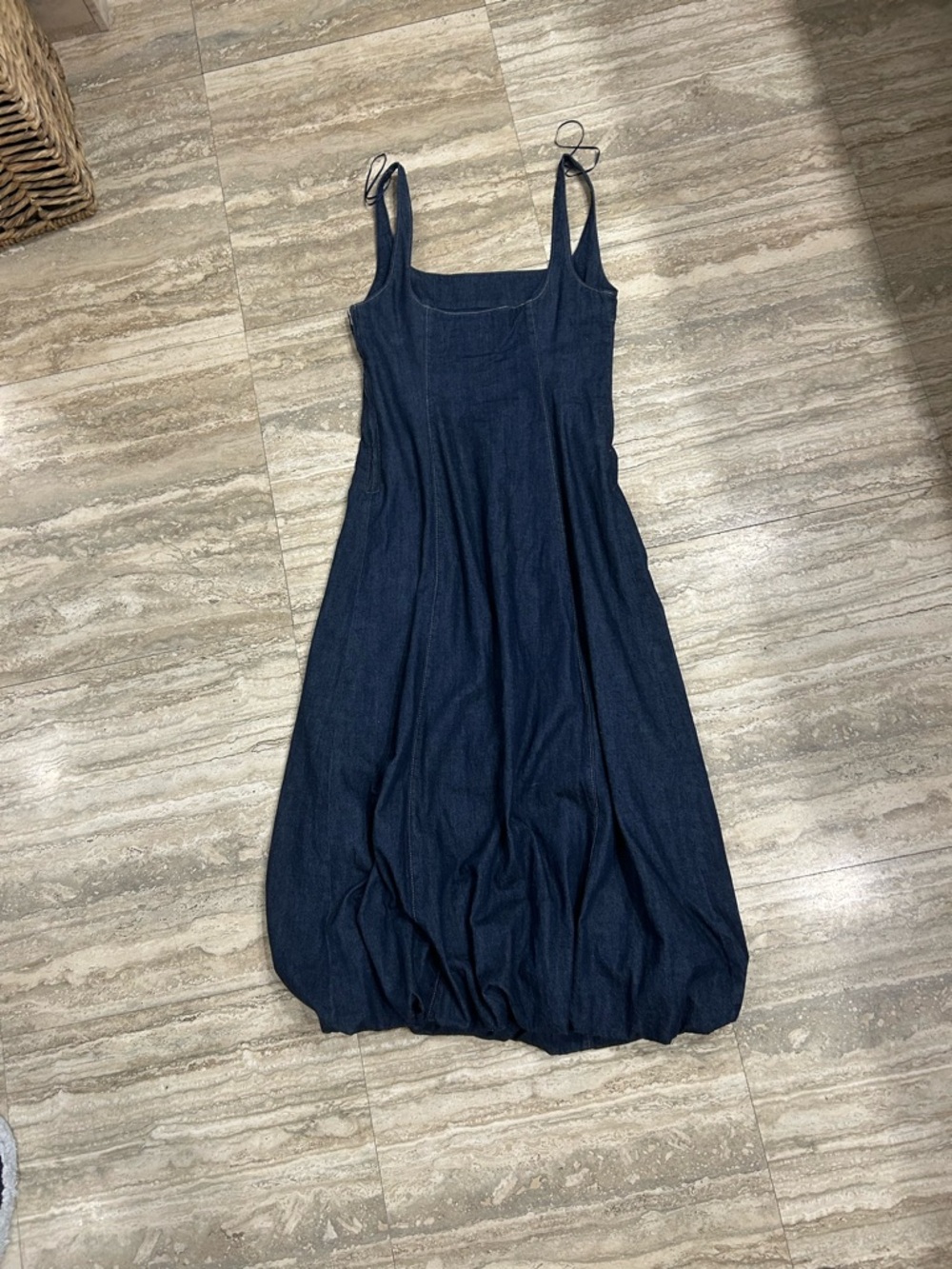 Zara Navy denim Bubble-Hem Midi Dress